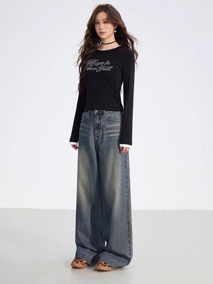 Dual-Layer Letter Embellished Slim-Fit T-Shirt