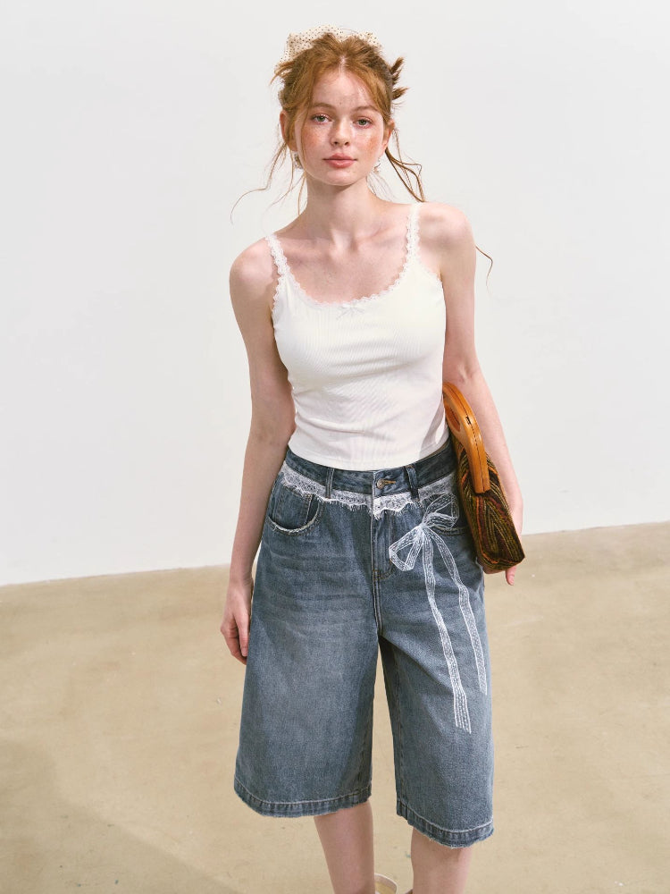 Imitation-Lace Printed High-Waist Denim Mid-Length Pants