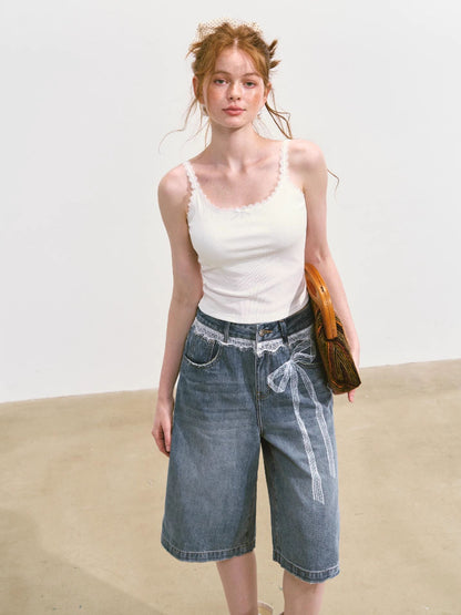 Imitation-Lace Printed High-Waist Denim Mid-Length Pants
