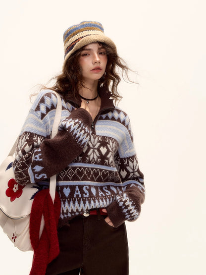 Vintage Fair Isle Half-Zip Fringe Hem Sweater