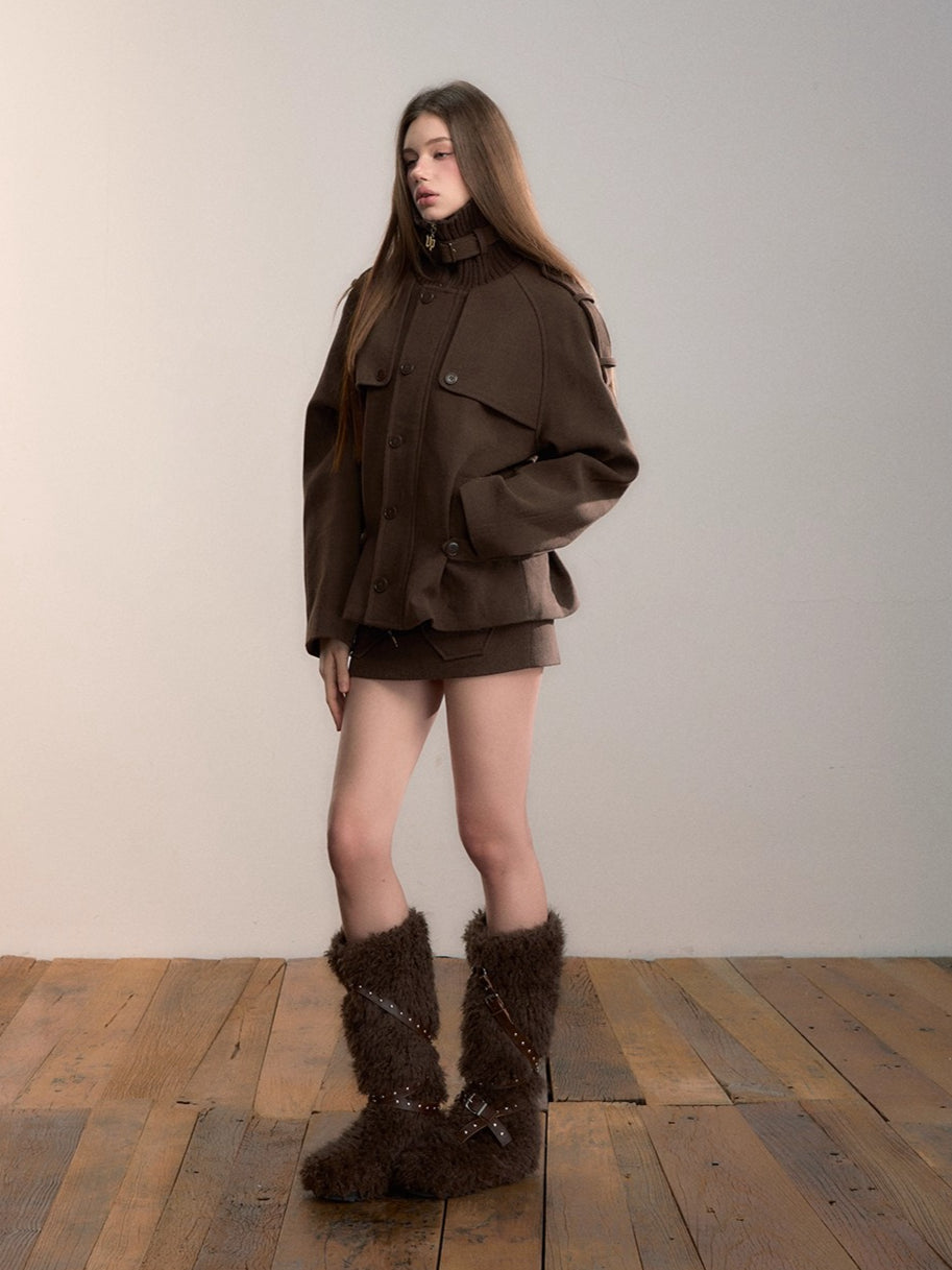 Wool-Blend Panelled High-Neck Puffer Jacket