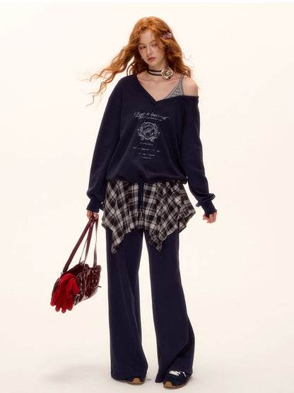 Asymmetric Shoulder Striped Fleece Tracksuit Set