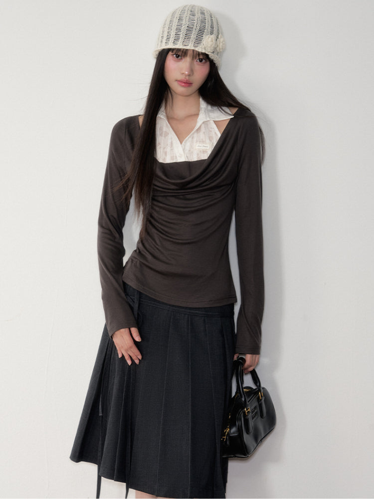 Dark Grey Tie-Waist Pleated Midi Skirt - CHINASQUAD