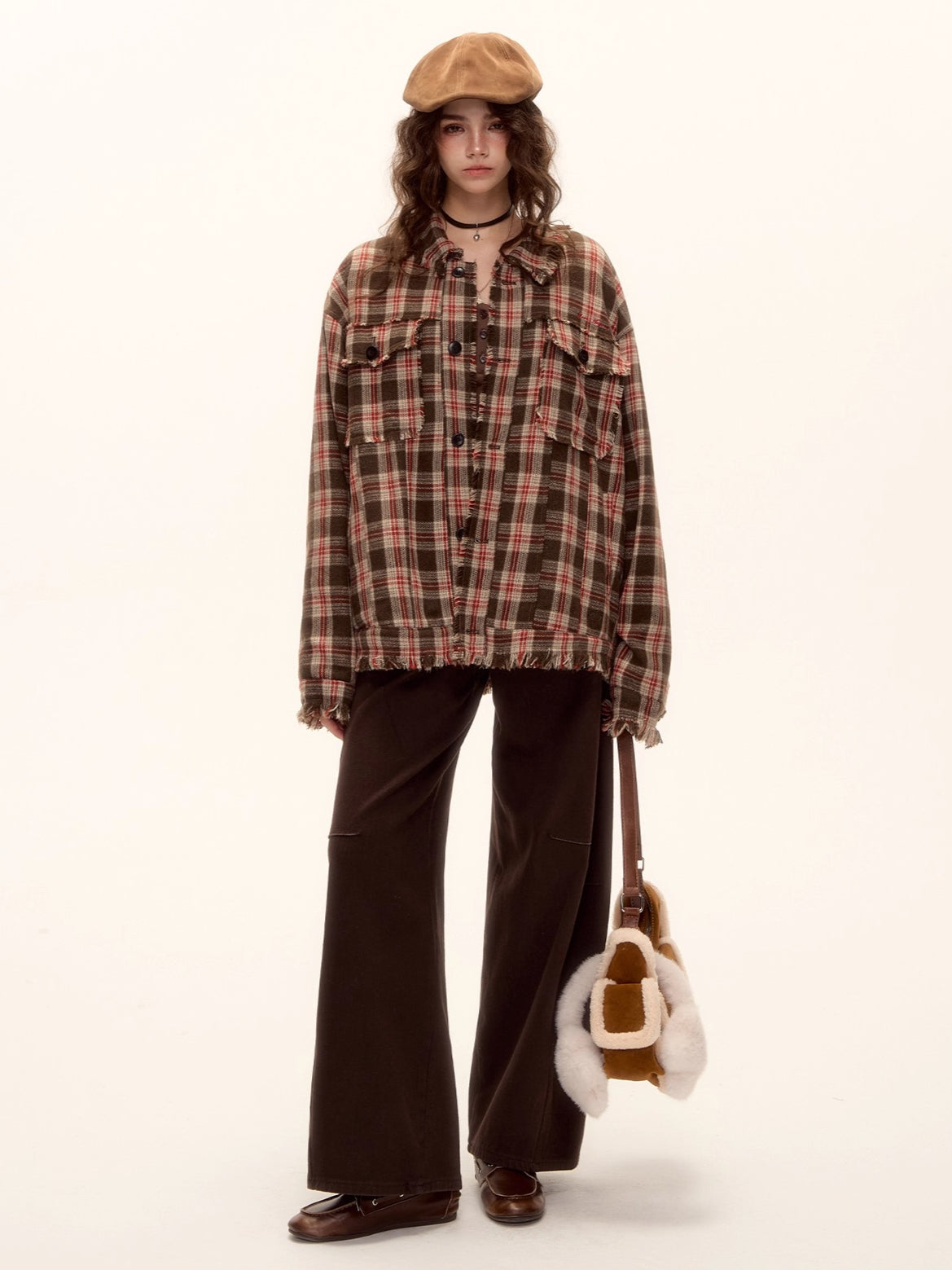 Wool Blend Checkered Contrast Fringe Shirt