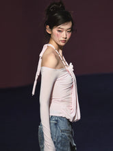 Fake Two-Piece Halter Ruched Floral One-Shoulder Blouse - CHINASQUAD