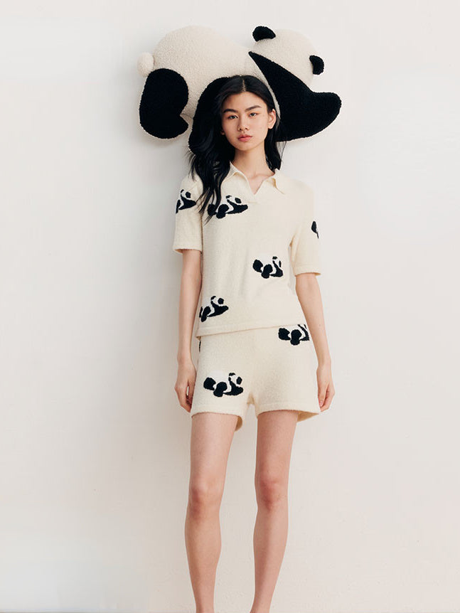 Panda Pattern Knitted Short Pajamas