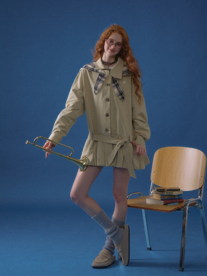 Detachable Bunny-Ear Pleated Trench Coat