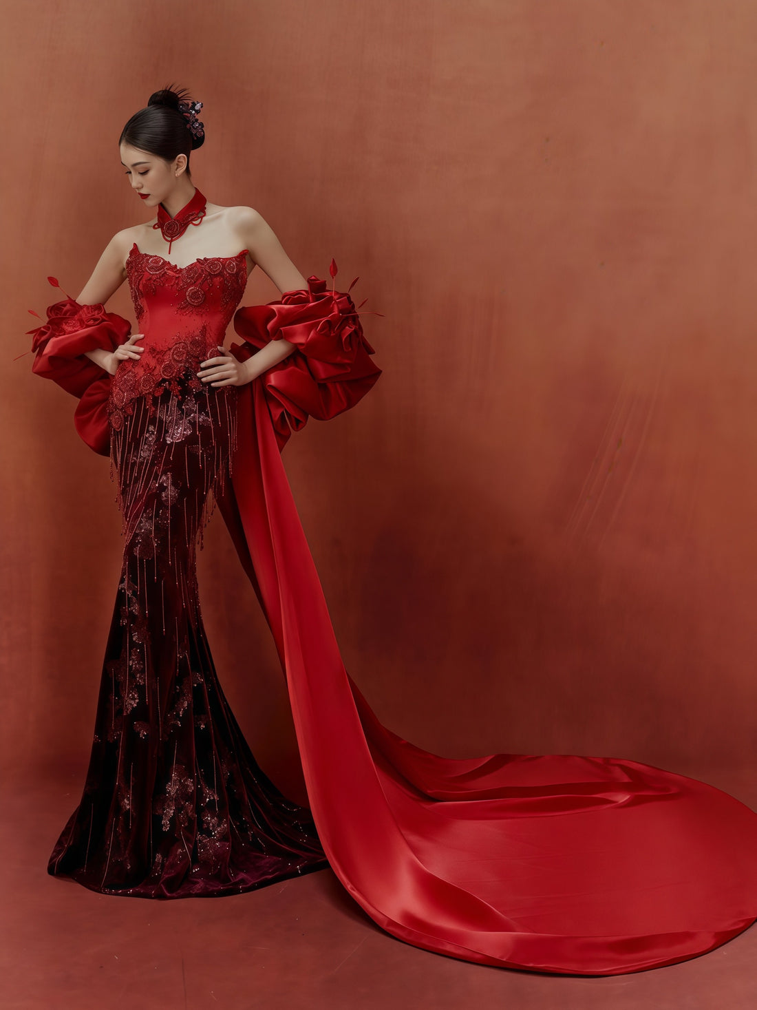 Crimson Couture Rose Embellished Detachable Train Gown