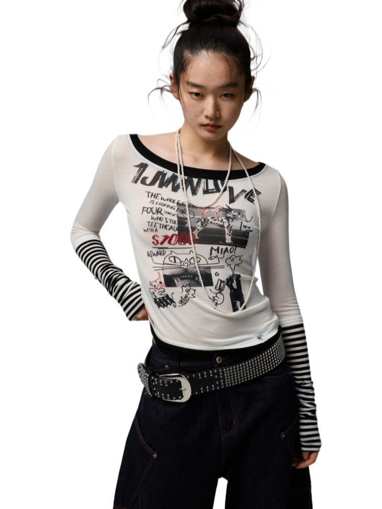 Striped Fake Two-Piece Graffiti Printed T-shirt - CHINASQUAD