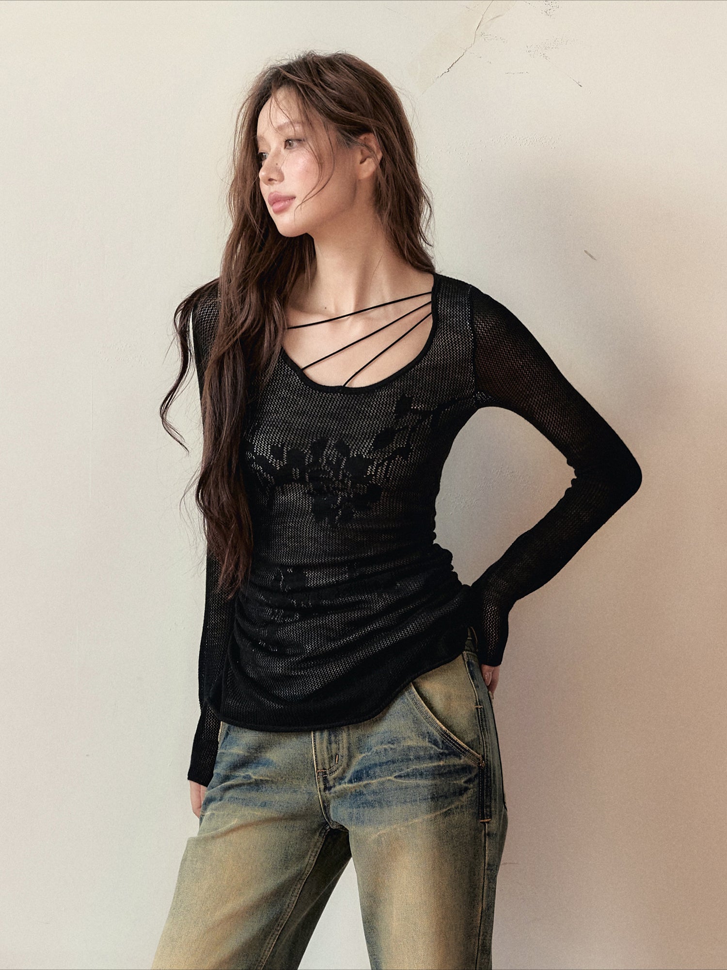 Black Mesh Hollow-Out Blouse