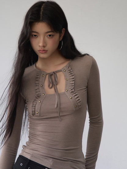 Rivet &amp; Tie Ruffle Long Sleeve T-Shirt - CHINASQUAD