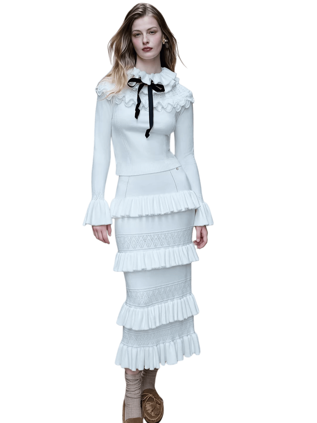 Lace Ruffle Knit Top &amp; Midi Skirt Two-Piece Set