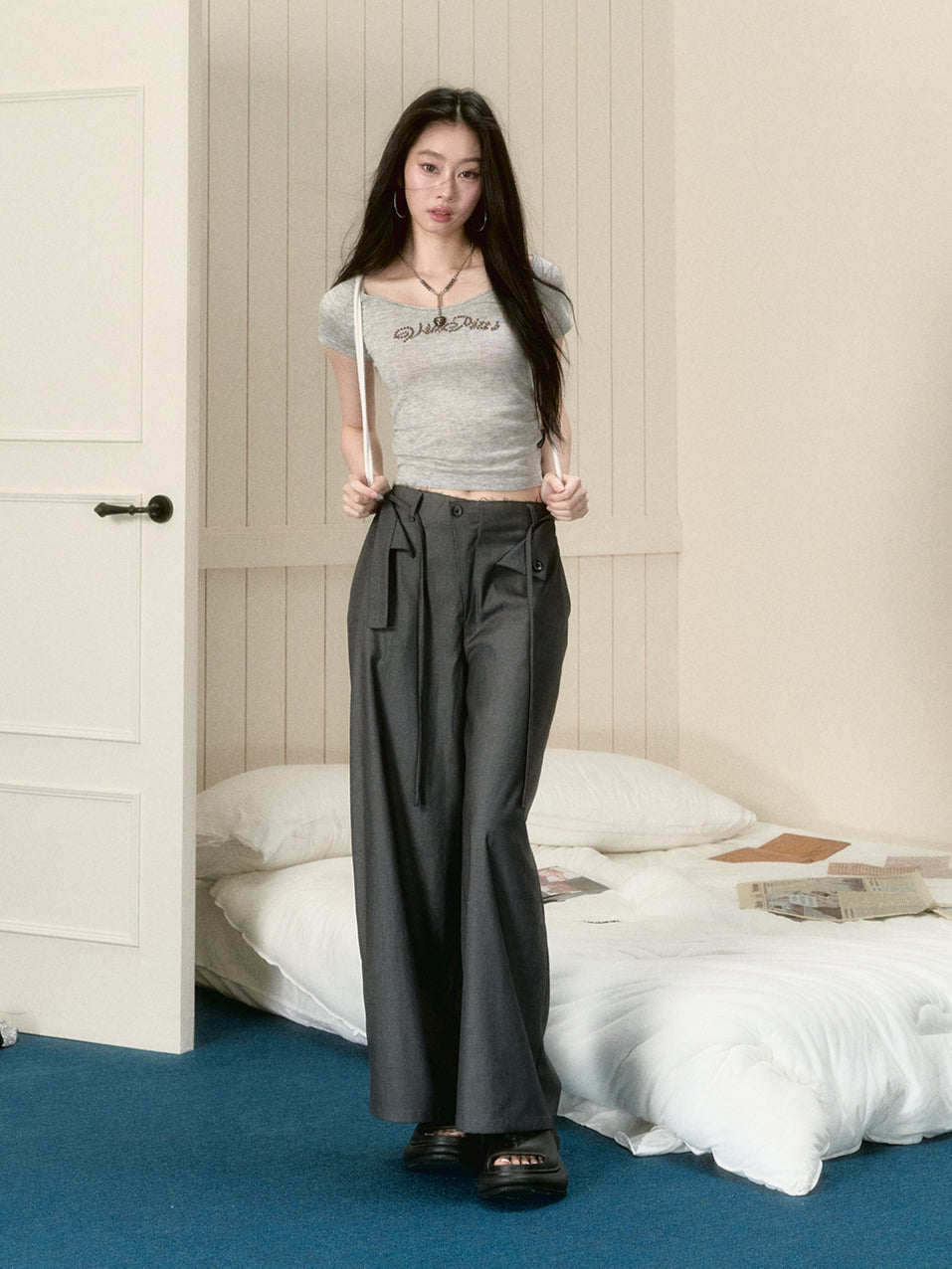 Gray Tie Wide-leg Trousers