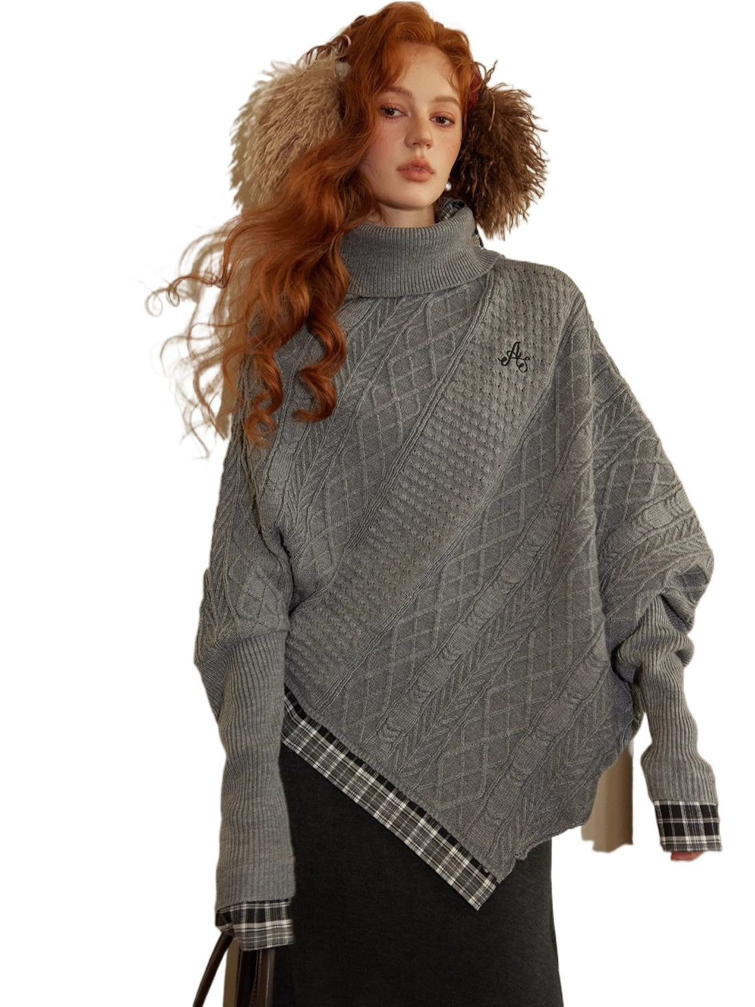 Plaid Patchwork Batwing Knit Turtleneck