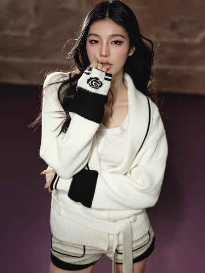 Oversized Contrast V-Neck Tie-Waist Knit Sweater