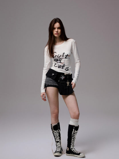 Printed Open-Back Hollow Long-Sleeve T-shirt