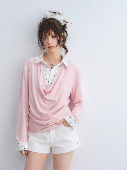 Polka Dot Shirt Panel Faux-Layer Draped Collar Top