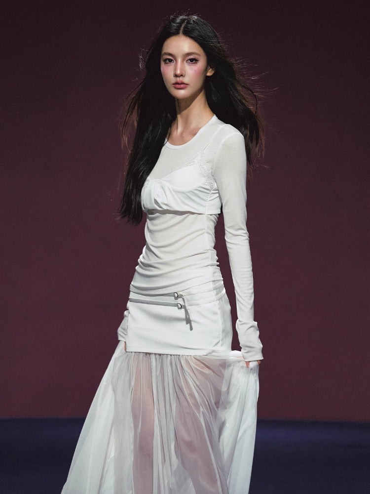 Lyocell Fake Two-piece Sheer Blouse &amp; Skirt Set