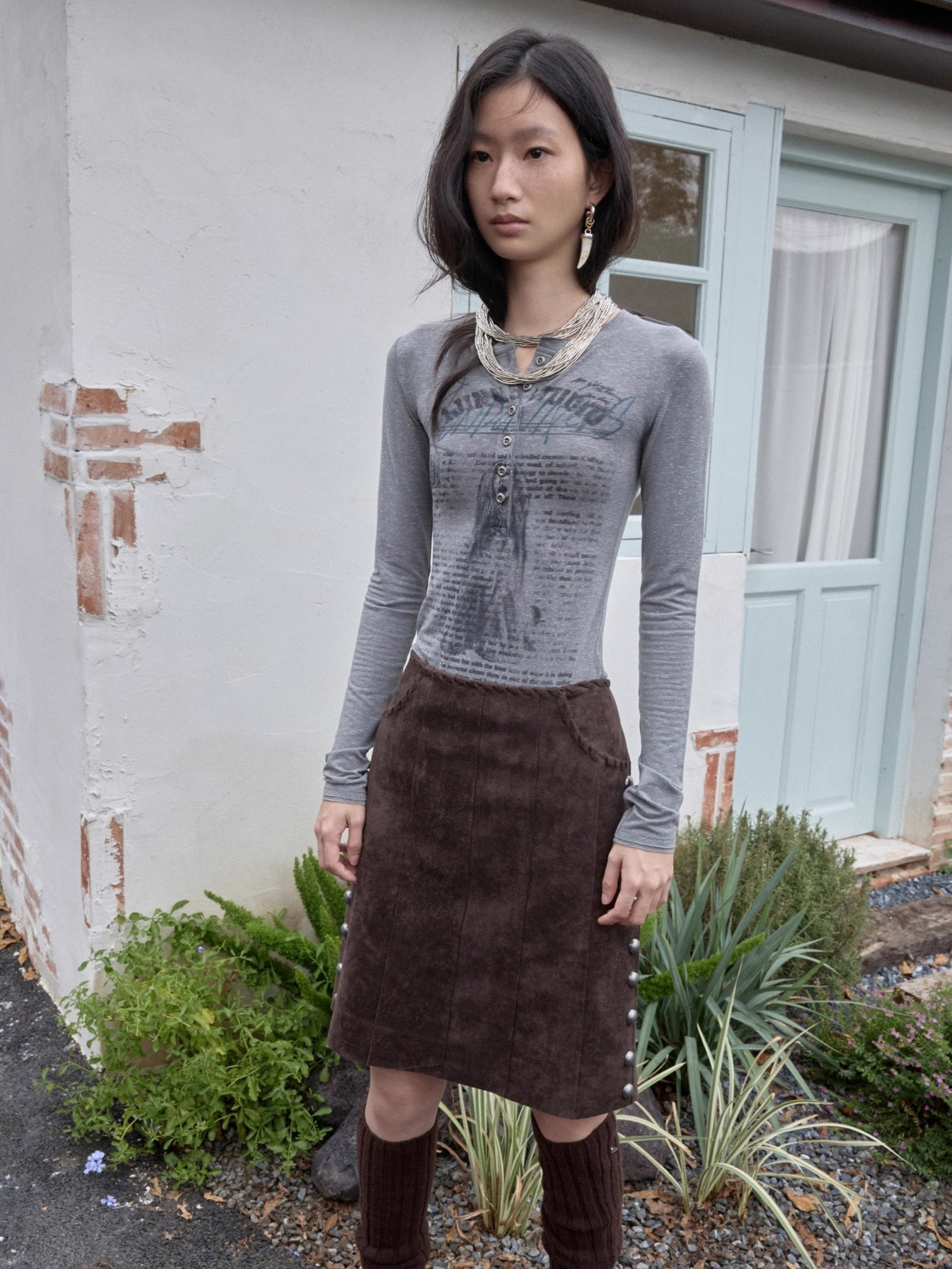 Henley Animal-Print Knitted Long Sleeves T-Shirt