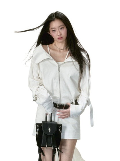 White Oversized Collar Hooded Dress