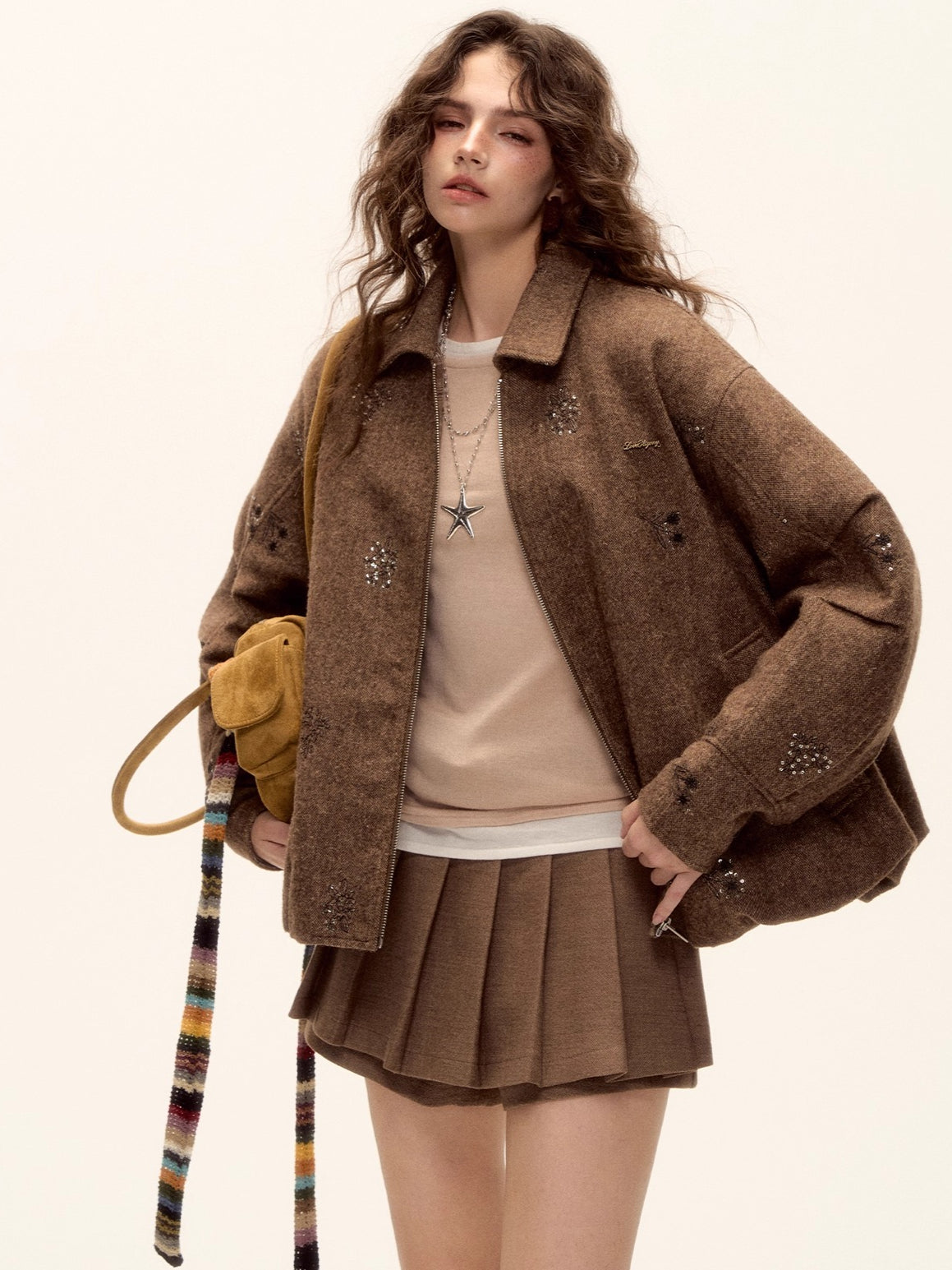 Sequin Embroidered Plaid Wool Blouson Jacket