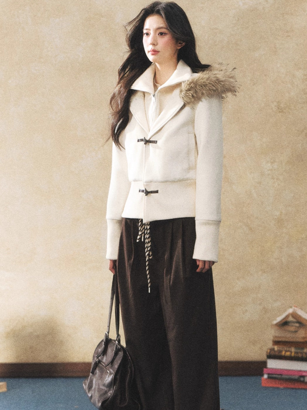Fur Collar Faux-Layered Wool-Blend Jacket