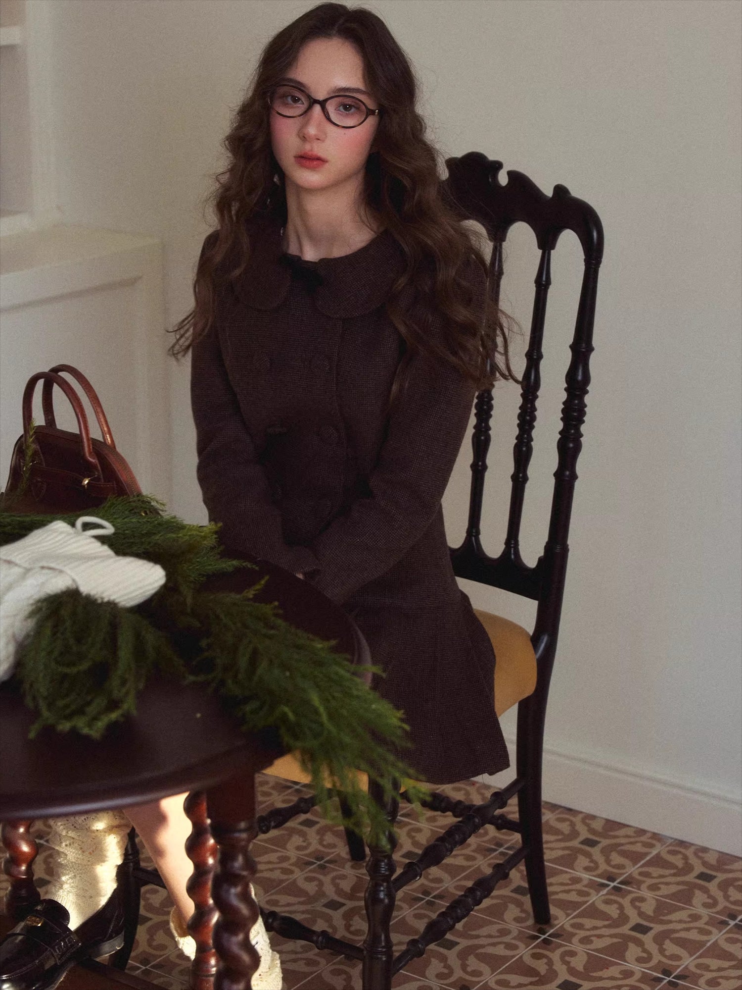 Vintage Preppy Doll-Collar Houndstooth Pleated Dress