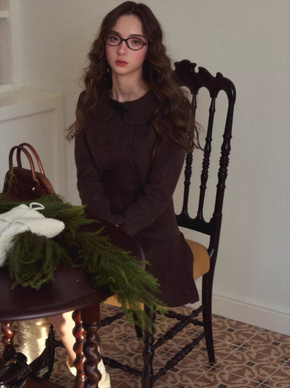 Vintage Preppy Doll-Collar Houndstooth Pleated Dress