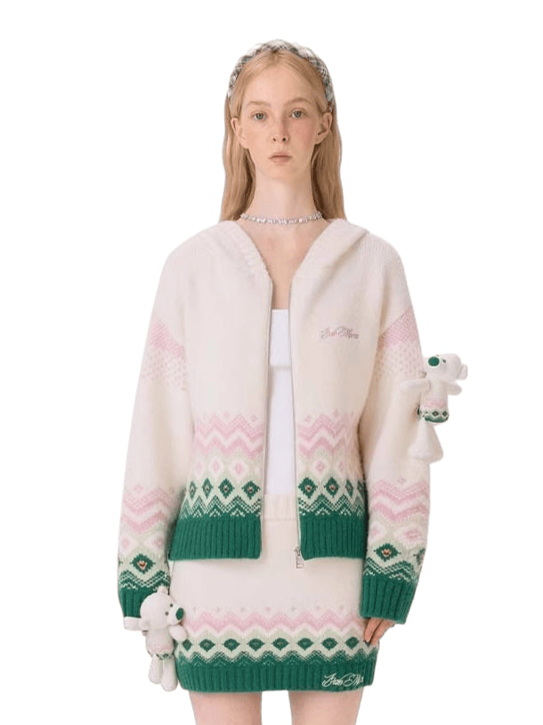 Contrast Zip-Up Hooded Knit Cardigan