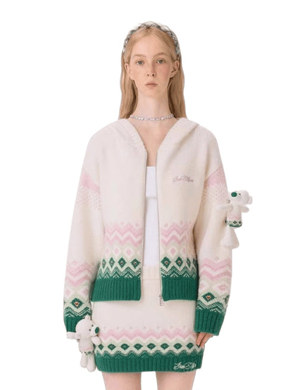 Contrast Zip-Up Hooded Knit Cardigan