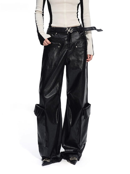 Punk-Style Eco Textured Faux Leather Wide-Leg Pants
