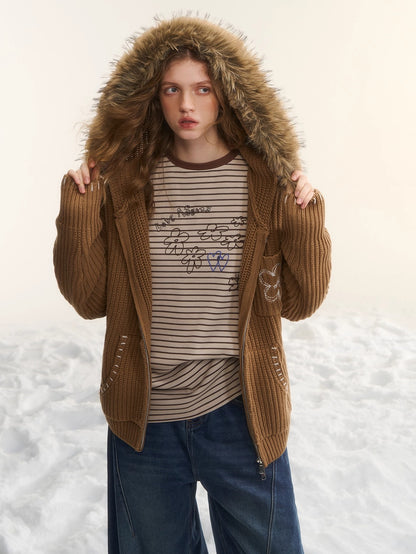 Embroidered Knit Zip-Up Hoodie Cardigan