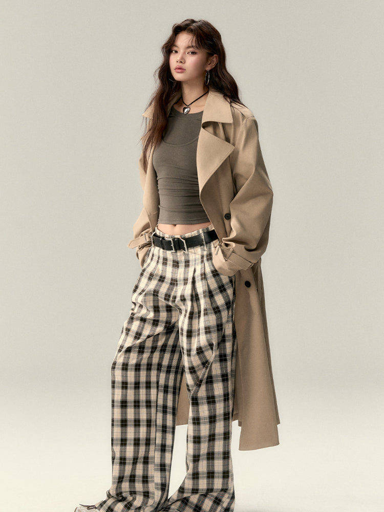 Wrinkle Straight-Leg Plaid Casual Pants