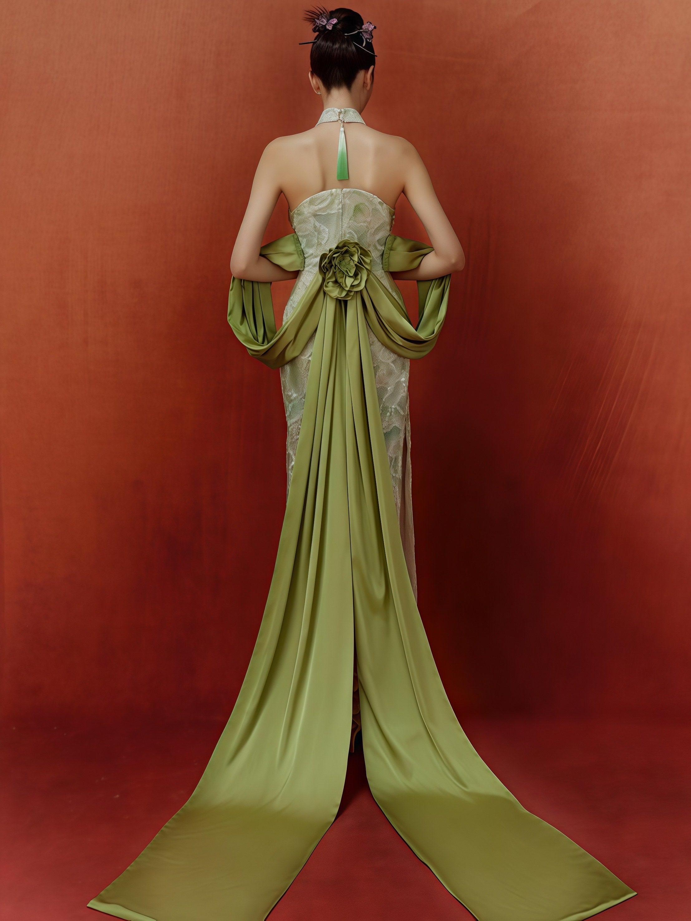 Mint Green Embroidered Halter Cheongsam with Feather Trim Shawl