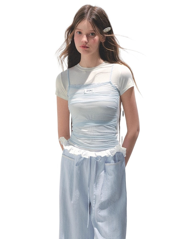 Contrast Color Fake Two-piece Mesh Lace Short-sleeve T-shirt