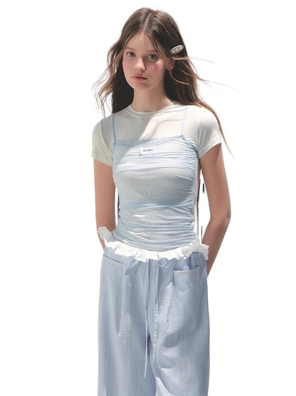 Contrast Color Fake Two-piece Mesh Lace Short-sleeve T-shirt