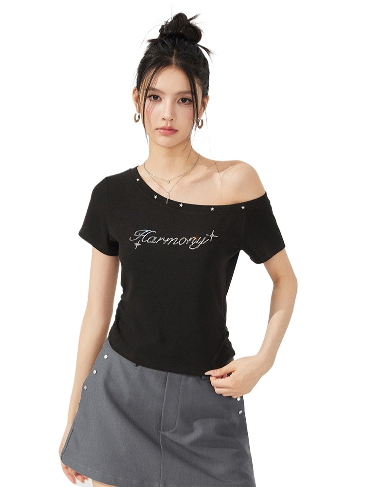 High-Elasticity Star-Studded Diagonal Shoulder T-Shirt