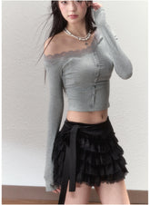 Black & Apricot Bow-knot Ruffle Mini Skirt - CHINASQUAD