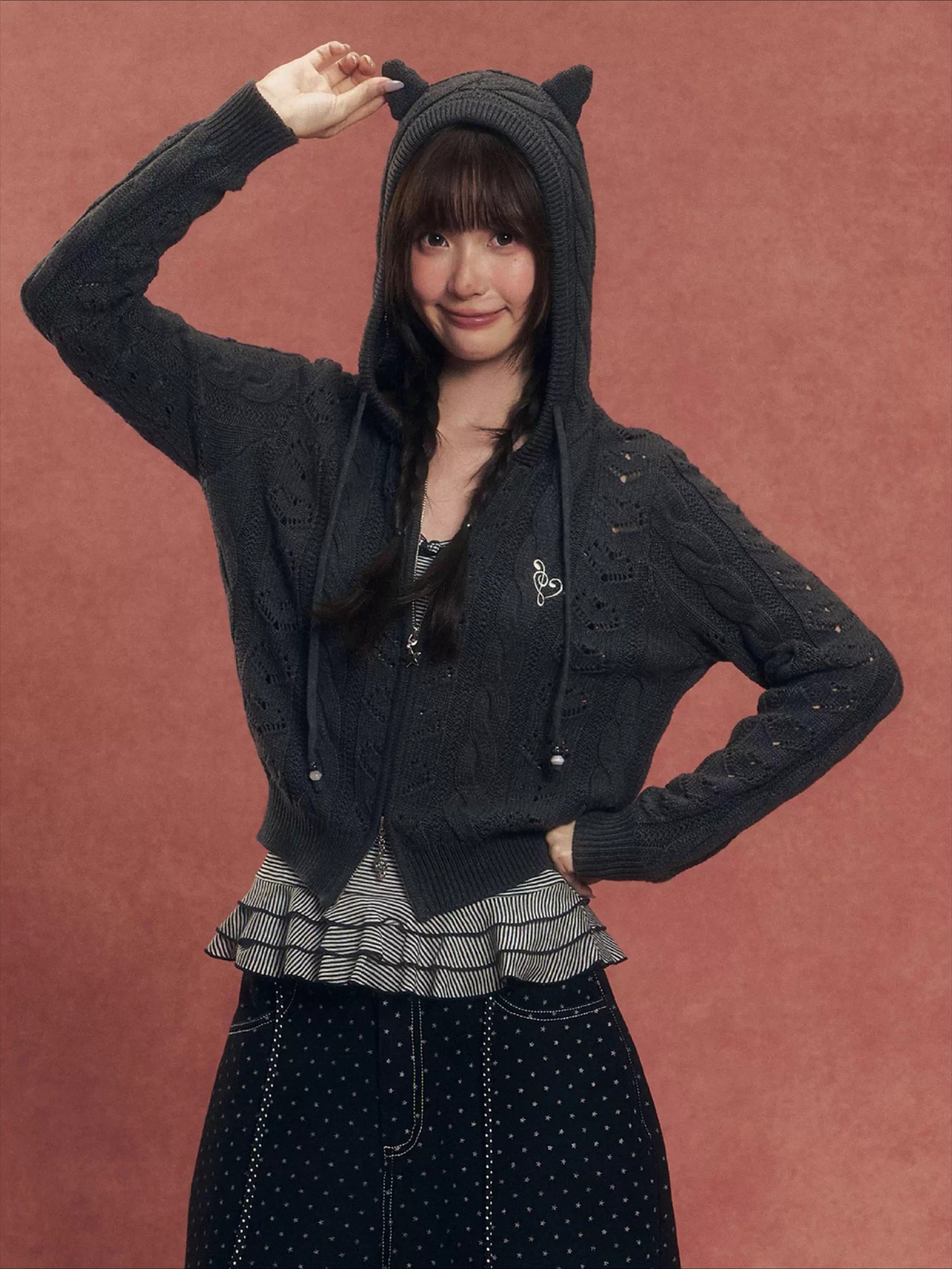 Heart Cutout Cable-Knit Hooded Cardigan