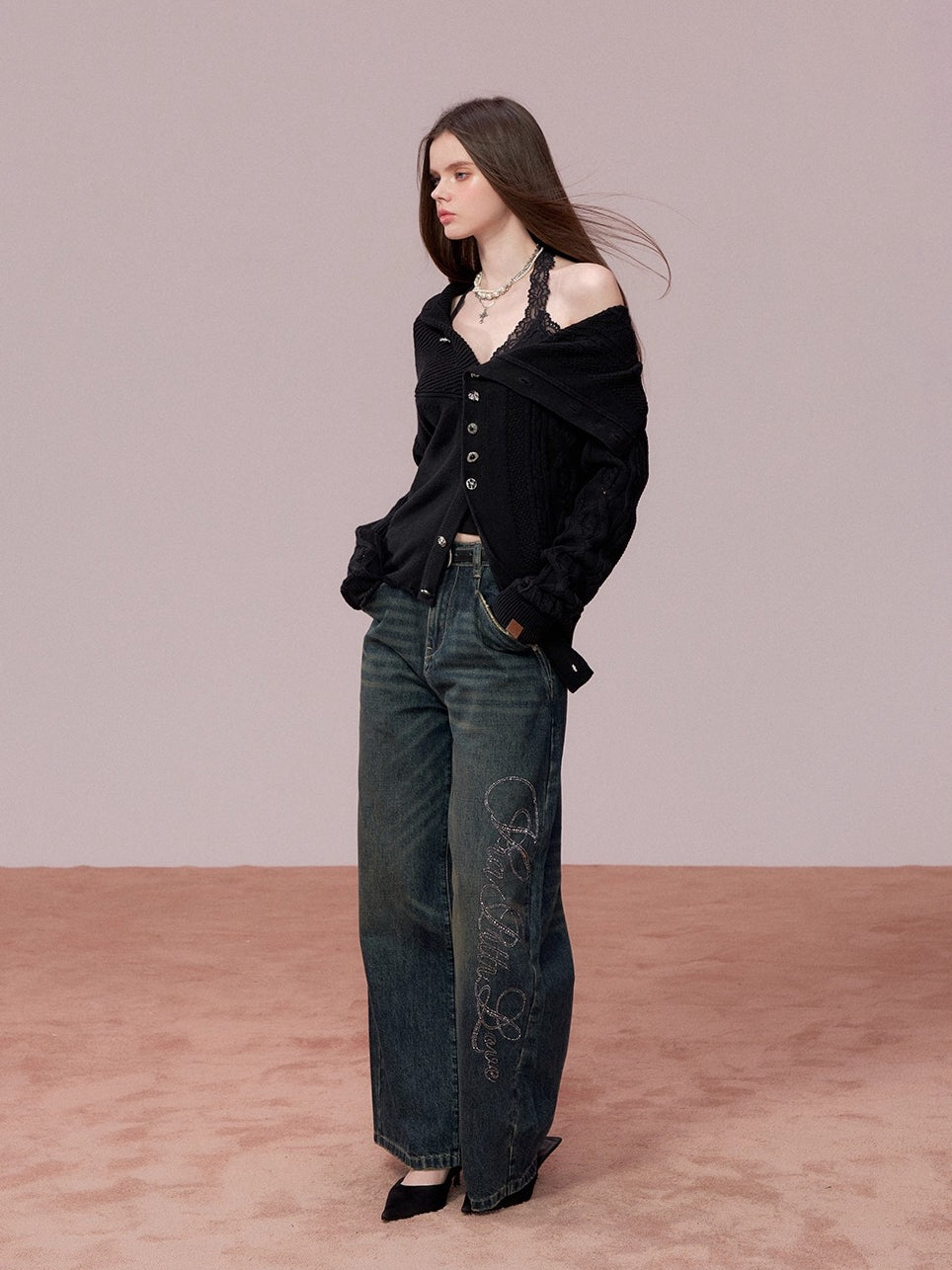 Embellished Rhinestone Vintage Wide-Leg Jeans