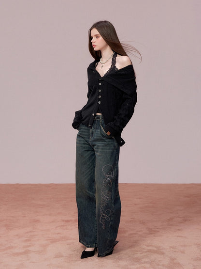 Embellished Rhinestone Vintage Wide-Leg Jeans