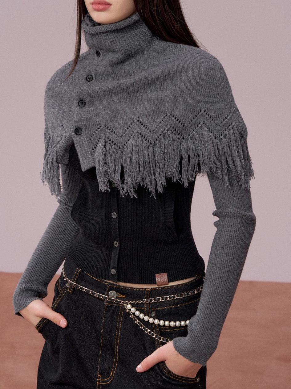 High-Neck Knit Top Fringe Cape Set