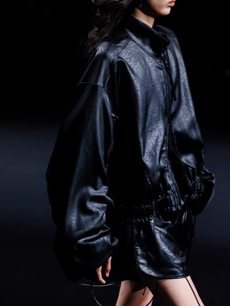 Leather-Texture Athletic Zip Jacket