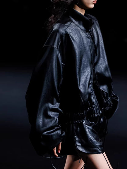 Leather-Texture Athletic Zip Jacket