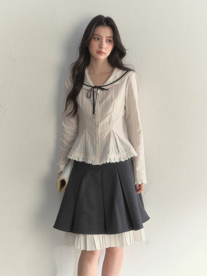 Nautical Texture Beige Fitted Blouse