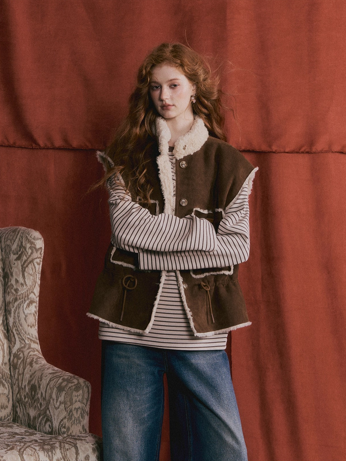 Reversible Faux Shearling Suede Drawstring Vest