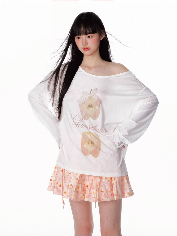 Off-Shoulder Crystal Apple Print Loose T-Shirt