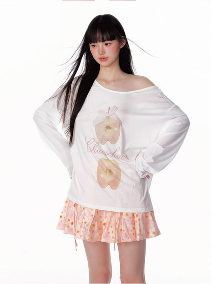 Off-Shoulder Crystal Apple Print Loose T-Shirt