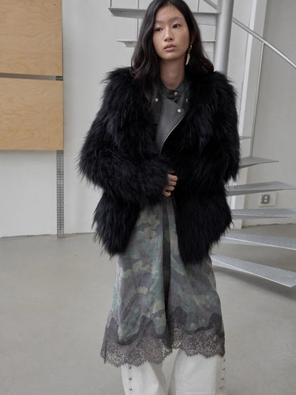 Raccoon Fur Oversized Lapel Woven Coat