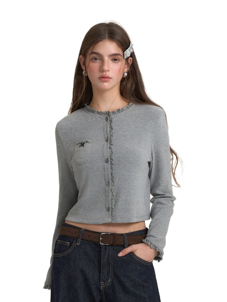 Decorative Bow Lace-Trim Cardigan